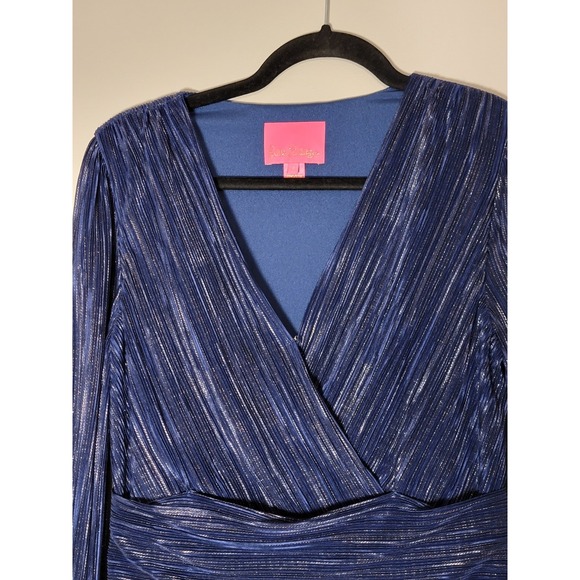 Lilly Pulitzer Women's Sz 4 Blue Metallic Shimmer Pleated Long Sleeve Wrap Dress - Picture 2 of 4